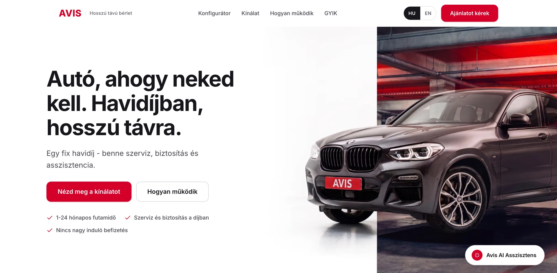 Az Avis hosszú távú bérlet demó nyitóképernyője, jobb alul az Avis AI Asszisztens indítógombjával